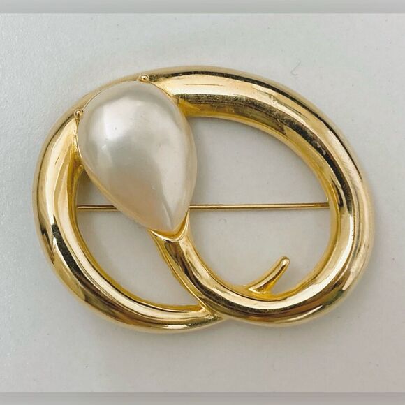 Vintage EDWIN PEARL PEP Brooch Pin Gold Tone w/ Pearl 2” x 1.75" RARE - Picture 7 of 13